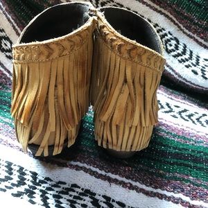 Liberty black fringed booties, camel